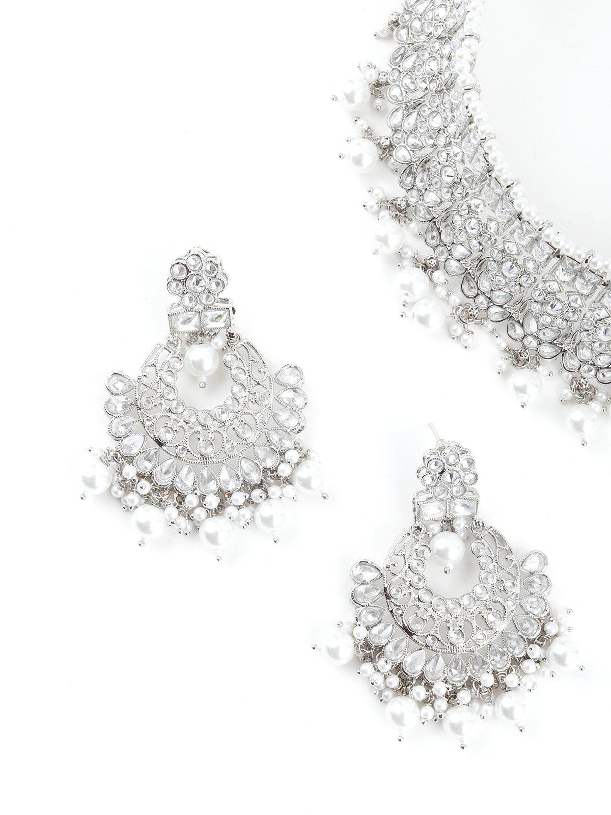 Odette Women Ethnic Silver Crystal Embellished Choker Necklace Set - Image 4