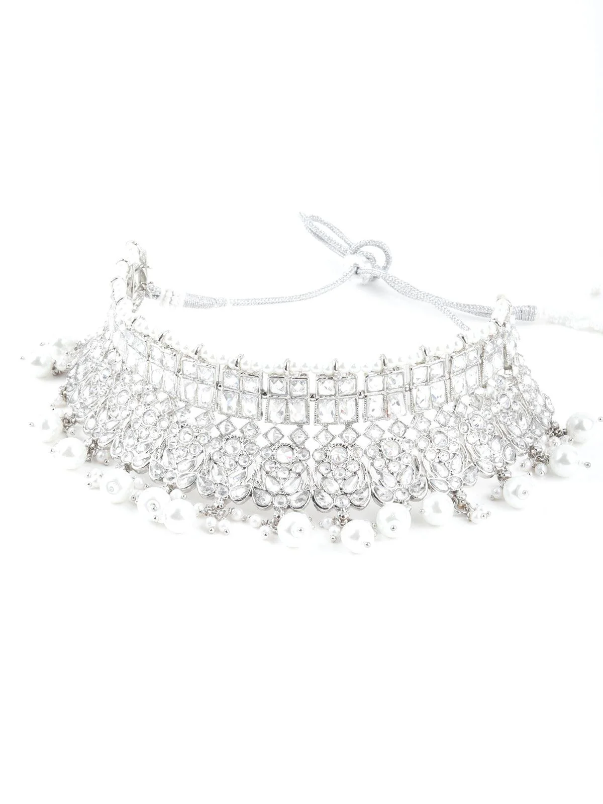 Odette Women Ethnic Silver Crystal Embellished Choker Necklace Set - Image 6