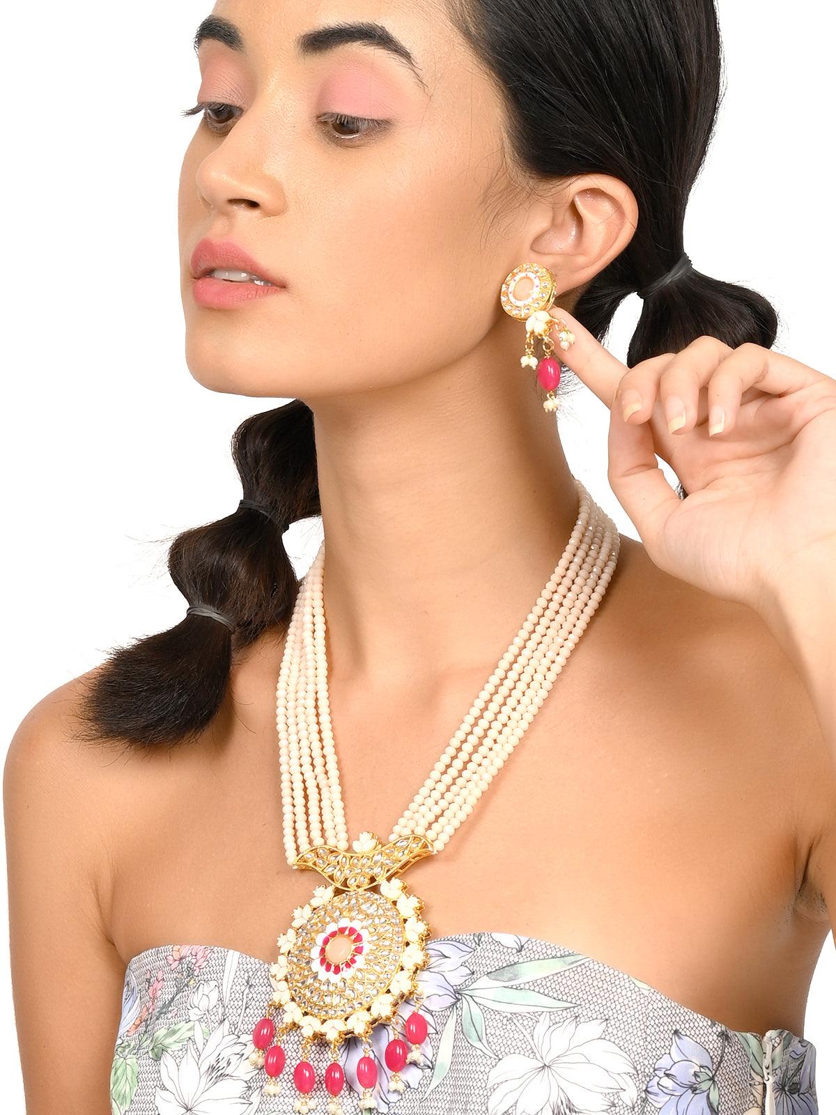 Odette Women Exquisite Peach Kundan Work Necklace Set