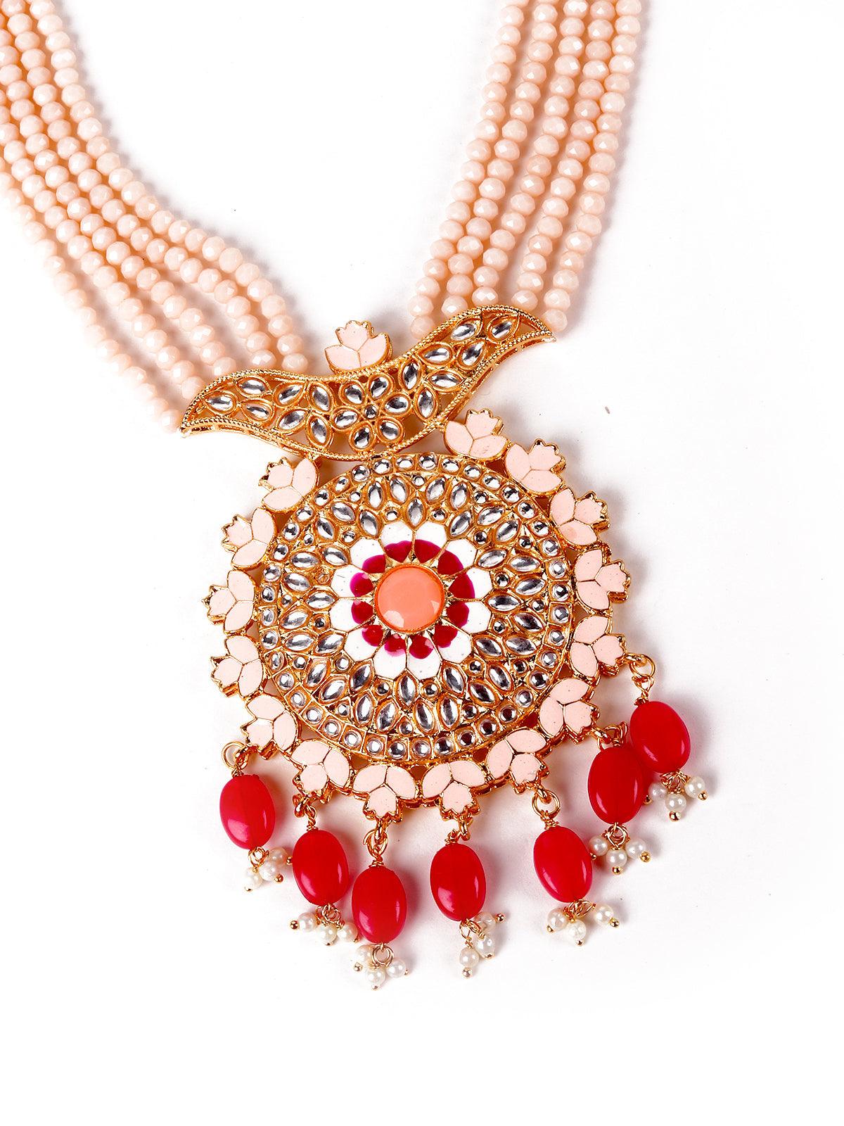 Odette Women Exquisite Peach Kundan Work Necklace Set - Image 4