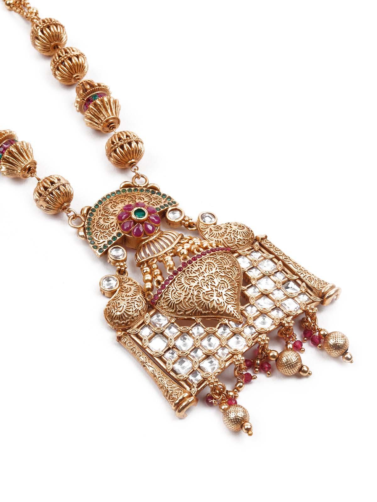 Odette Women Exquisitly Crafted Gold And Pink Long Necklace Set - Image 5