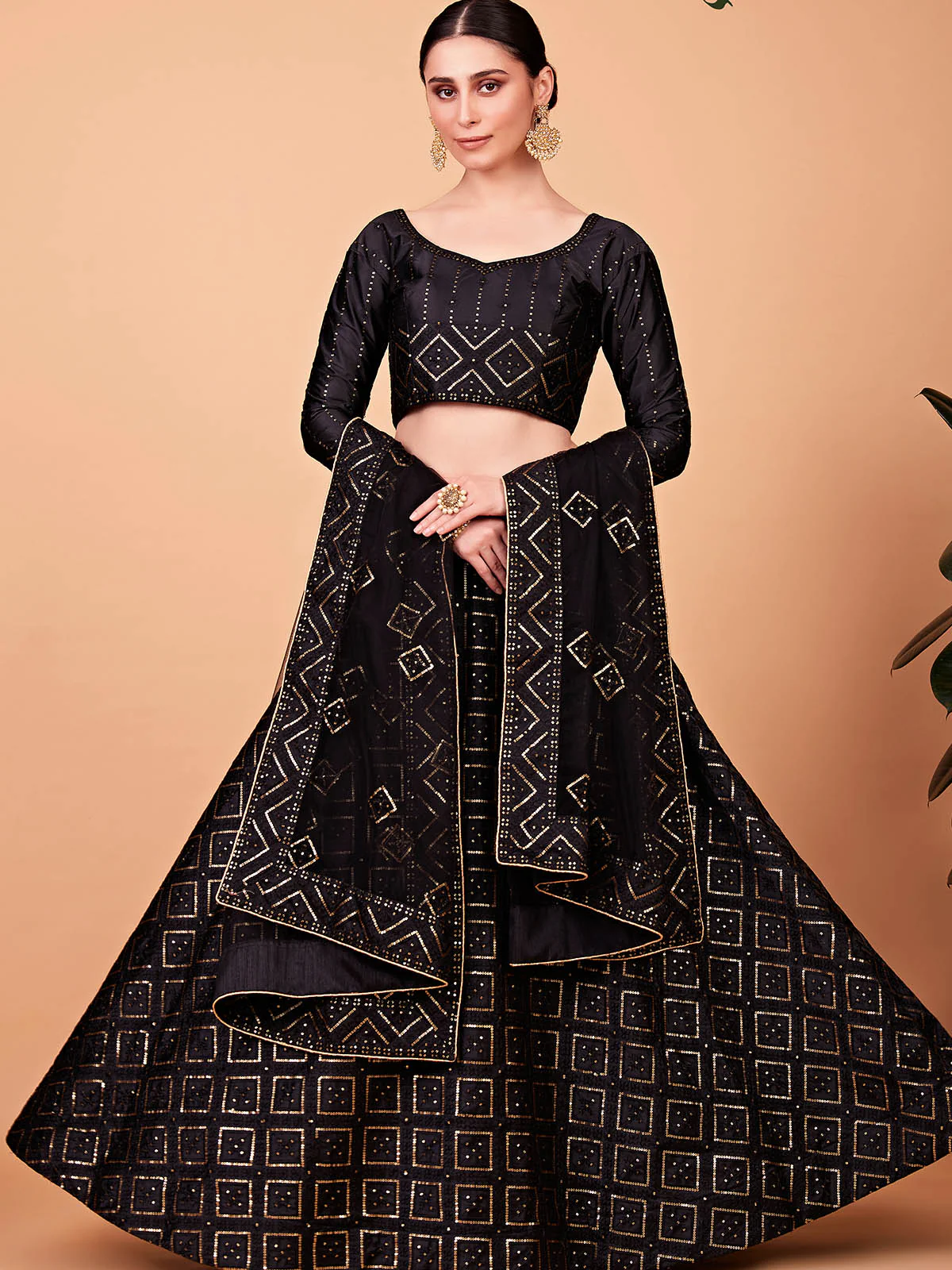 Odette Women Fashionable Black Embroidered Semi Stitched Lehenga With Unstitched Blouse - Image 2