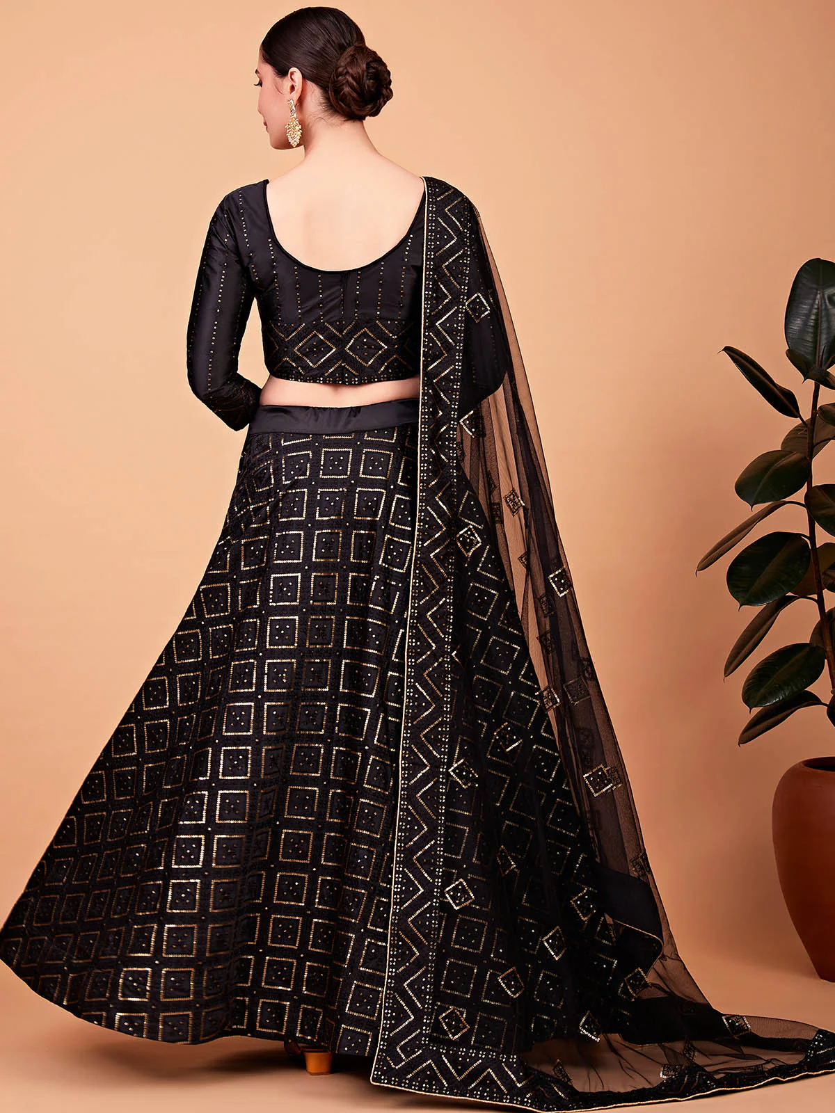 Odette Women Fashionable Black Embroidered Semi Stitched Lehenga With Unstitched Blouse - Image 4