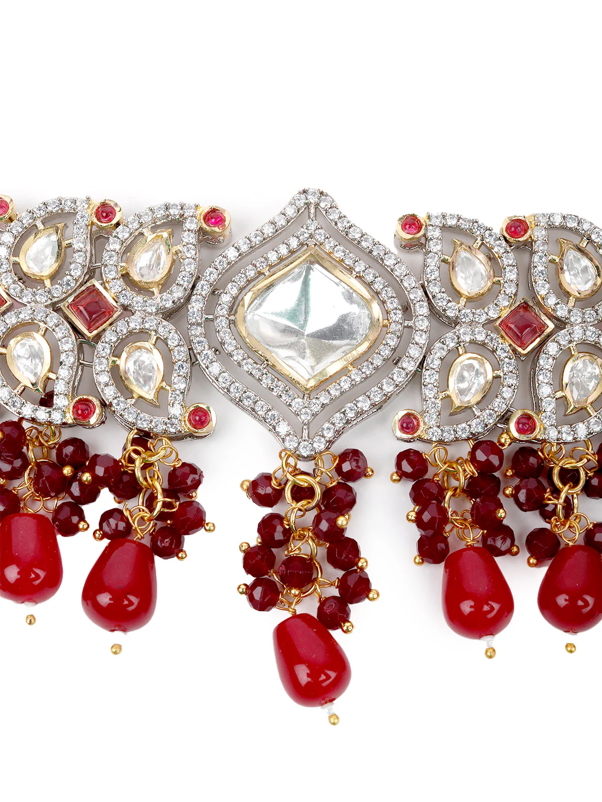 Odette Women Faux Maroon And White Stones Studded Choker Necklace Set - Image 4
