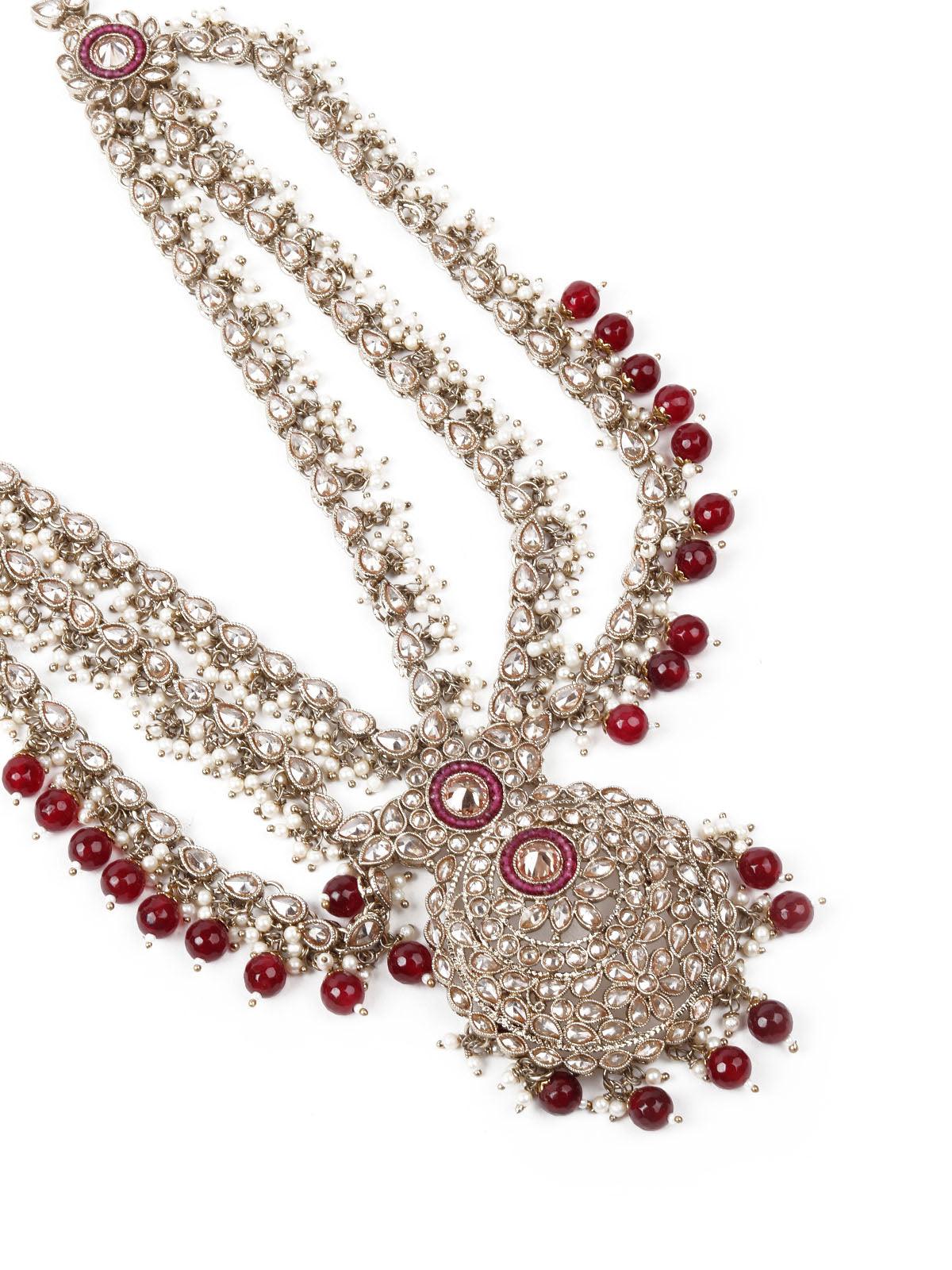 Odette Women Faux Pearl And Kundan Three Layered Jewelry Set - Image 5