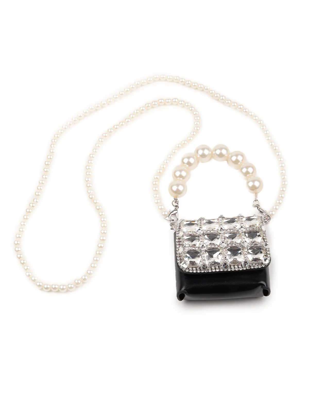 Odette Women Faux Stones Embellished Black Pouch With Pearl Belt - Image 3