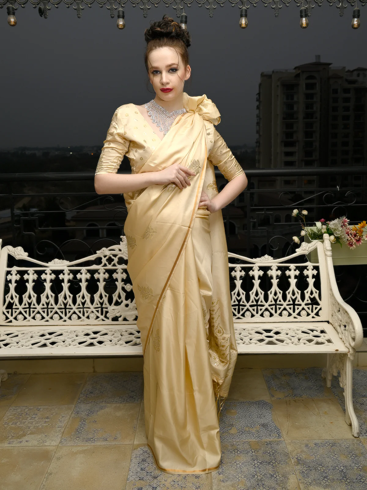 Odette Women Festive Beige Satin Printed Saree With Unstitched Blouse - Image 2