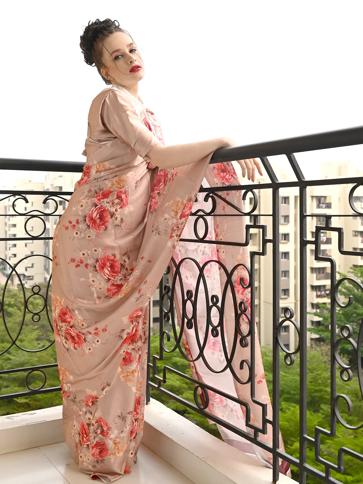 Odette Women Festive Beige Satin Printed Saree With Unstitched Blouse - Image 2