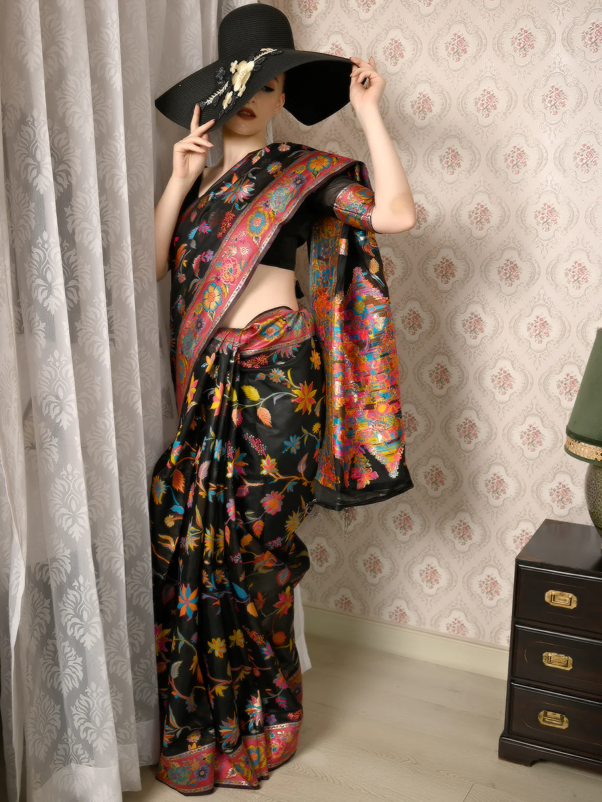 Odette Women Festive Black Silk Blend Woven Saree With Unstitched Blouse