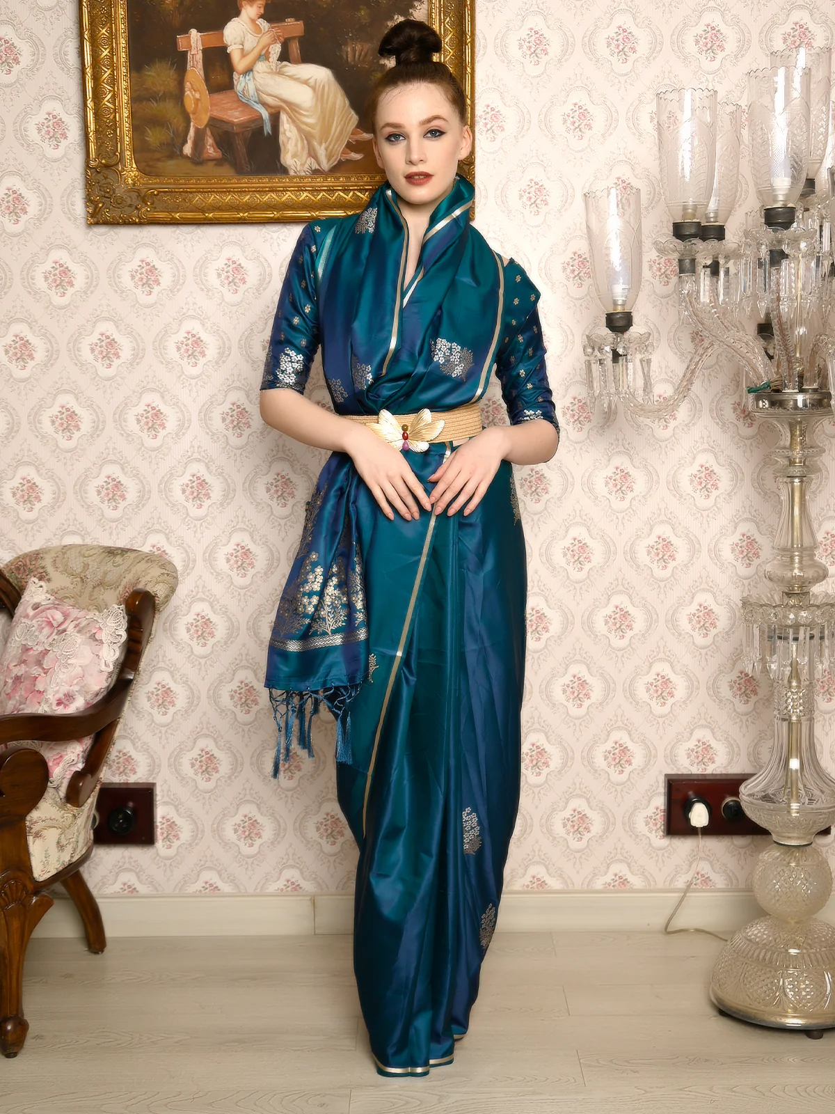 Odette Women Festive Blue Satin Printed Saree With Unstitched Blouse - Image 2
