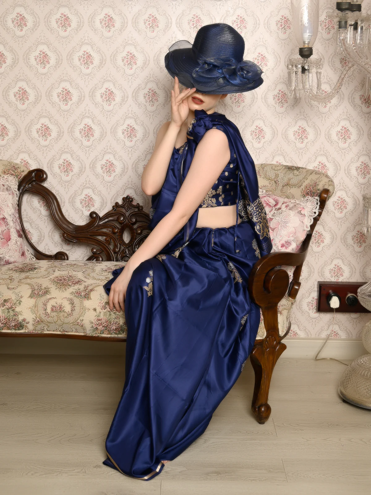 Odette Women Festive Blue Satin Printed Saree With Unstitched Blouse - Image 2