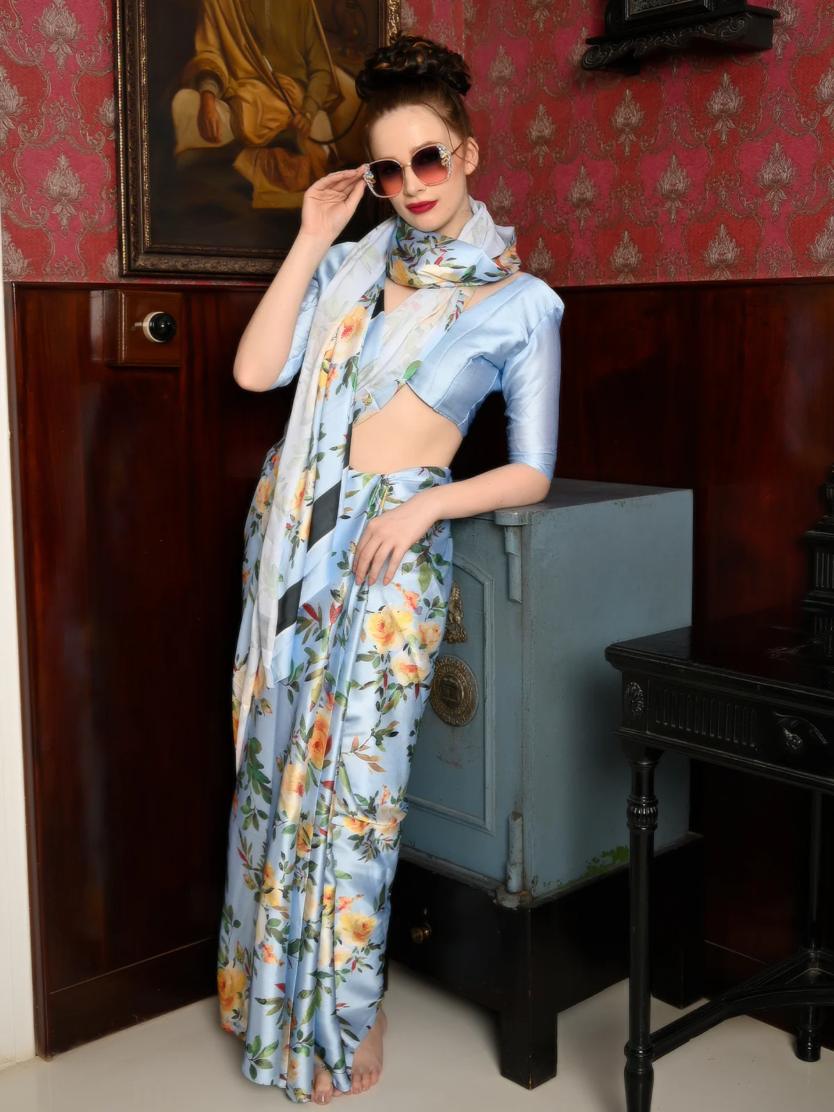 Odette Women Festive Blue Satin Printed Saree With Unstitched Blouse - Image 2