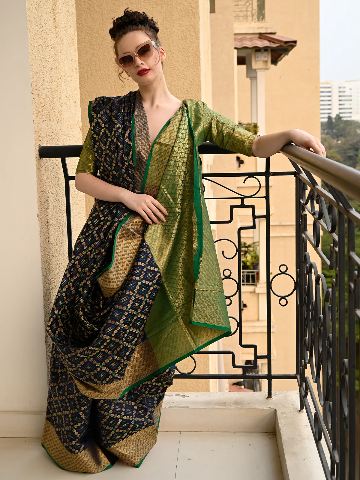 Odette Women Festive Blue Silk Blend Woven Saree With Unstitched Blouse