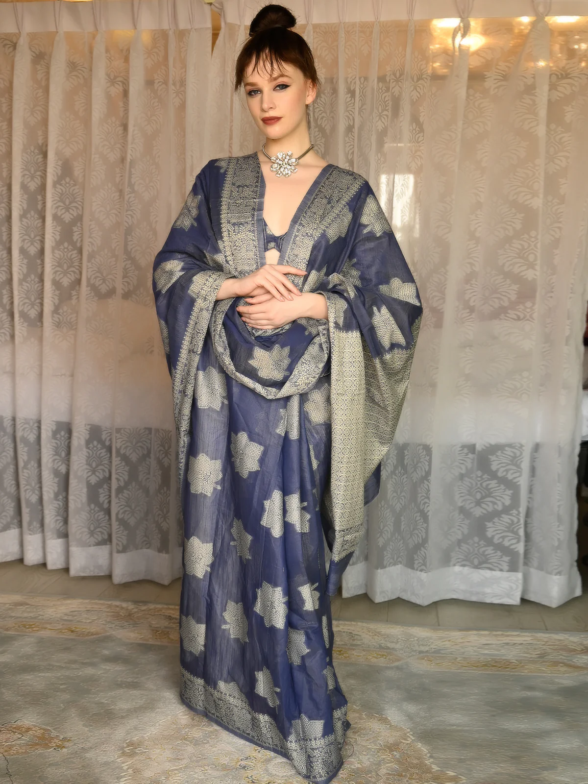 Odette Women Festive Dark Blue Silk Blend Woven Saree With Unstitched Blouse