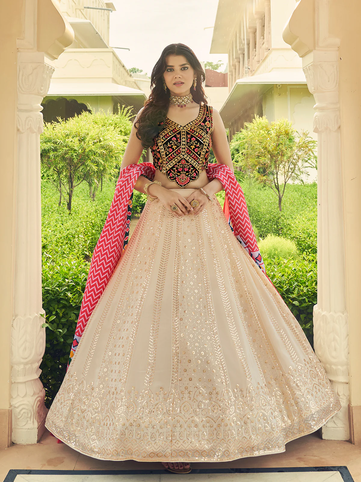 Odette Women Beige Semi Stitched Lehenga With  Unstitched Blouse - Image 2