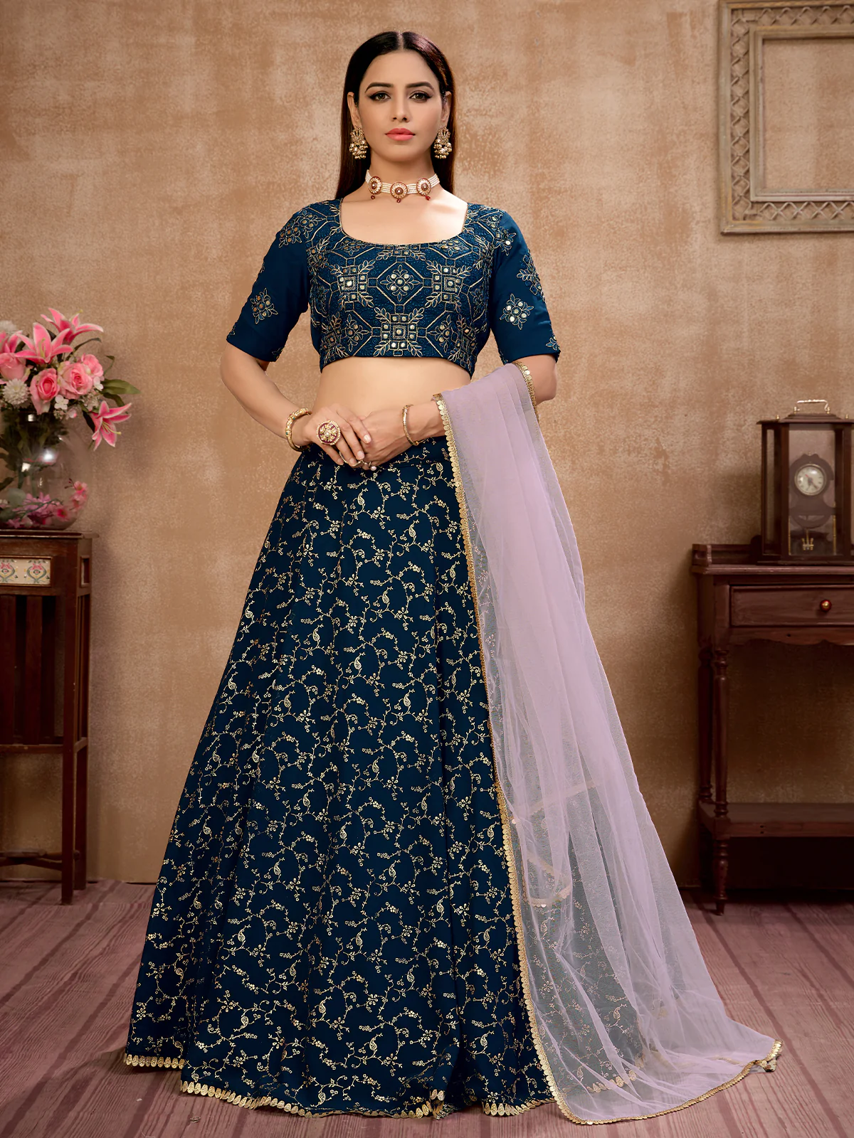 Odette Women Blue Semi Stitched Lehenga With  Unstitched Blouse - Image 2