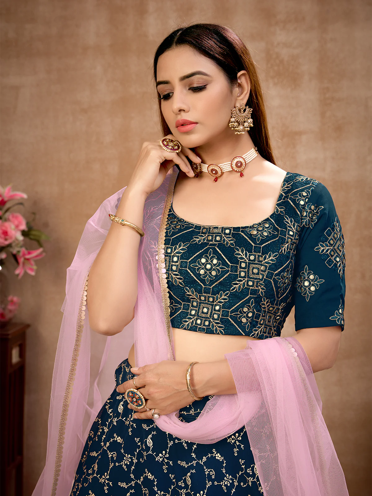Odette Women Blue Semi Stitched Lehenga With  Unstitched Blouse - Image 3