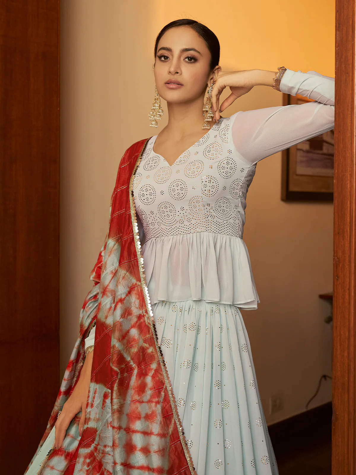 Odette Women Light Blue Semi Stitched Lehenga With  Unstitched Blouse - Image 4