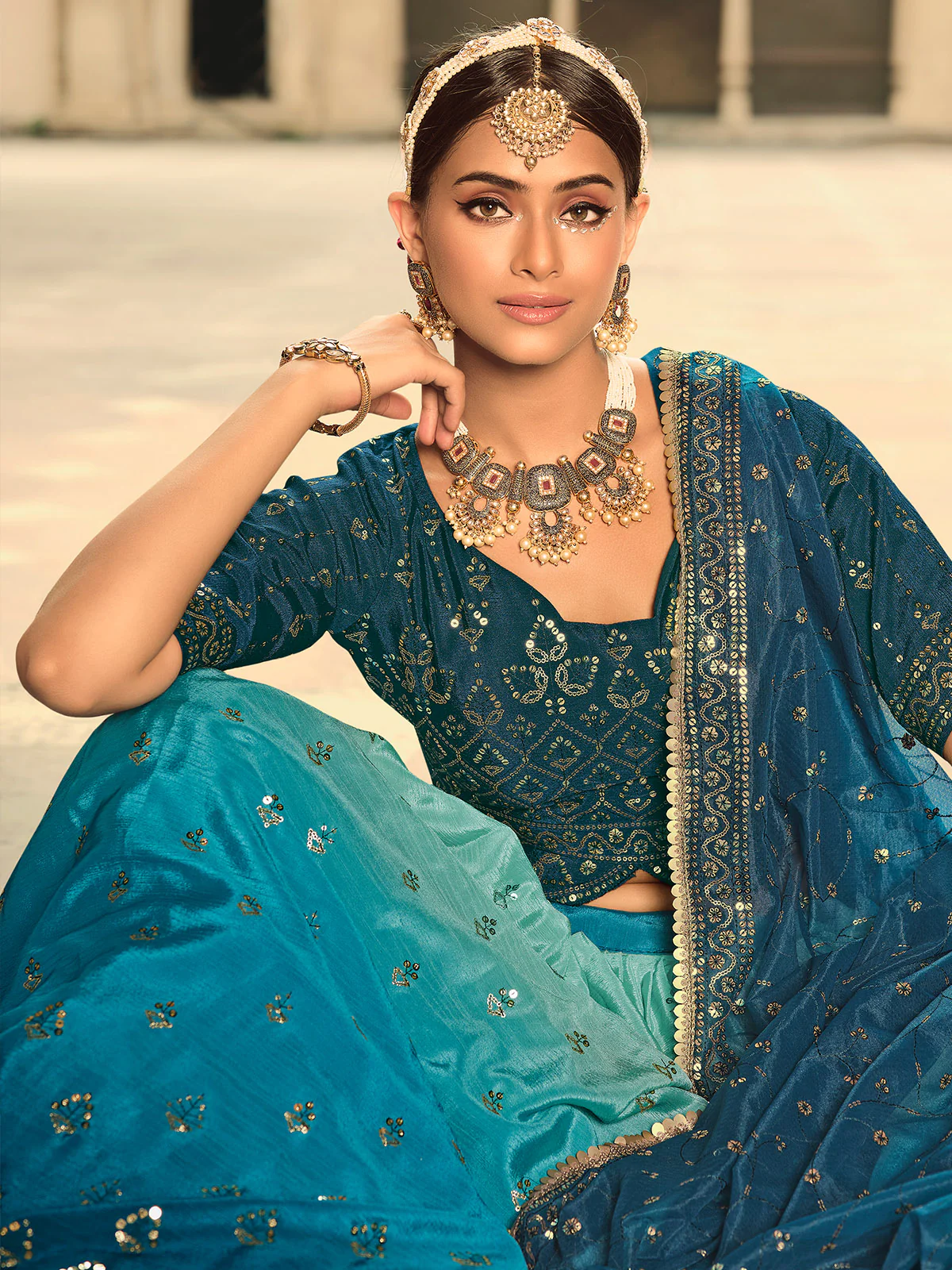 Odette Women Blue Semi Stitched Lehenga With  Unstitched Blouse - Image 3