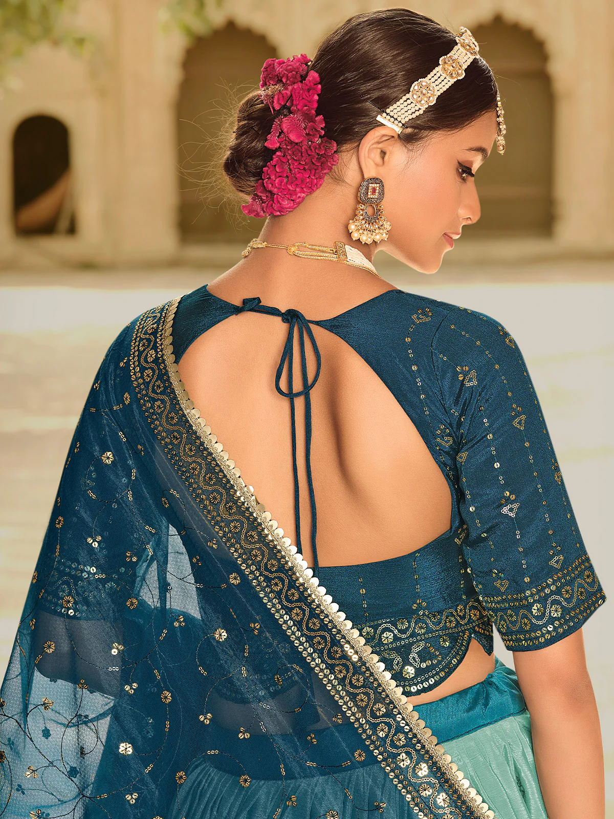 Odette Women Blue Semi Stitched Lehenga With  Unstitched Blouse - Image 4