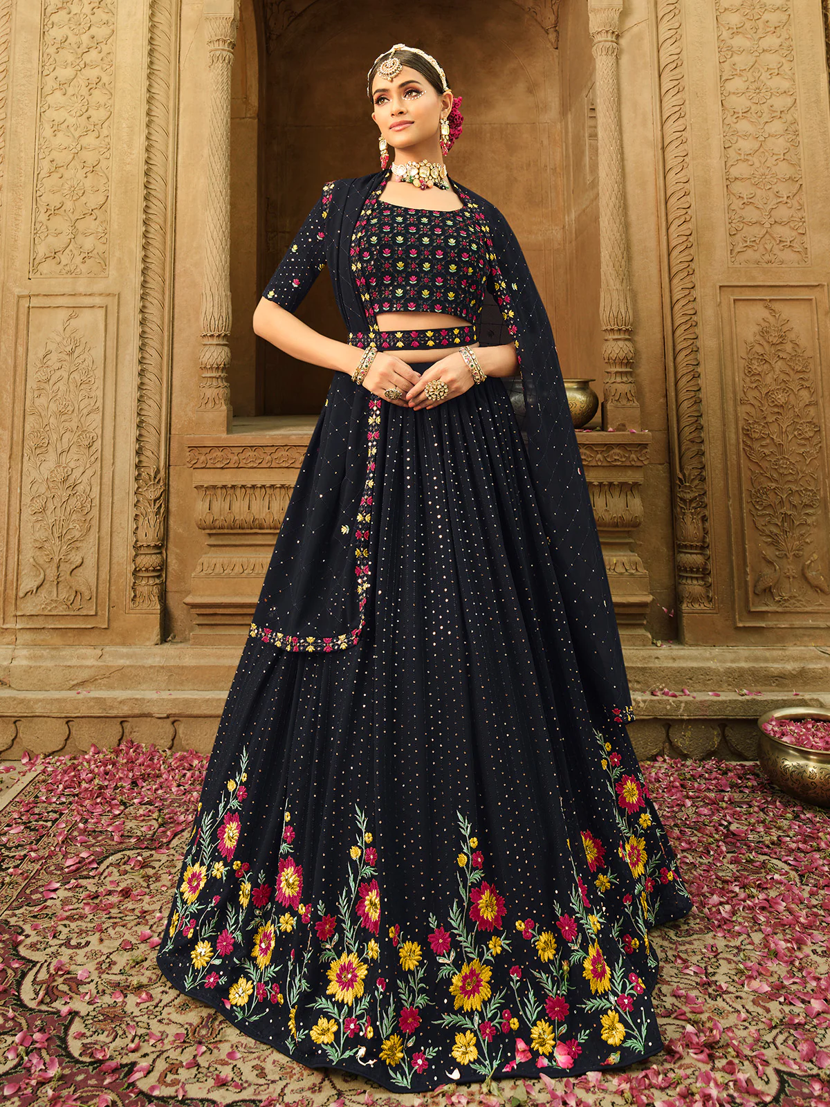 Odette Women Blue Semi Stitched Lehenga With  Unstitched Blouse - Image 2