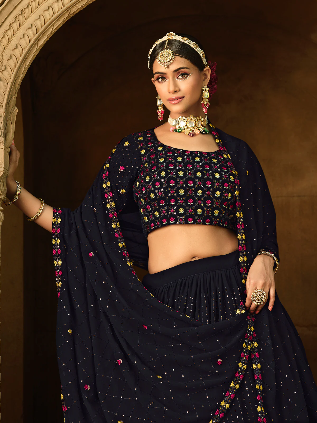 Odette Women Blue Semi Stitched Lehenga With  Unstitched Blouse - Image 3