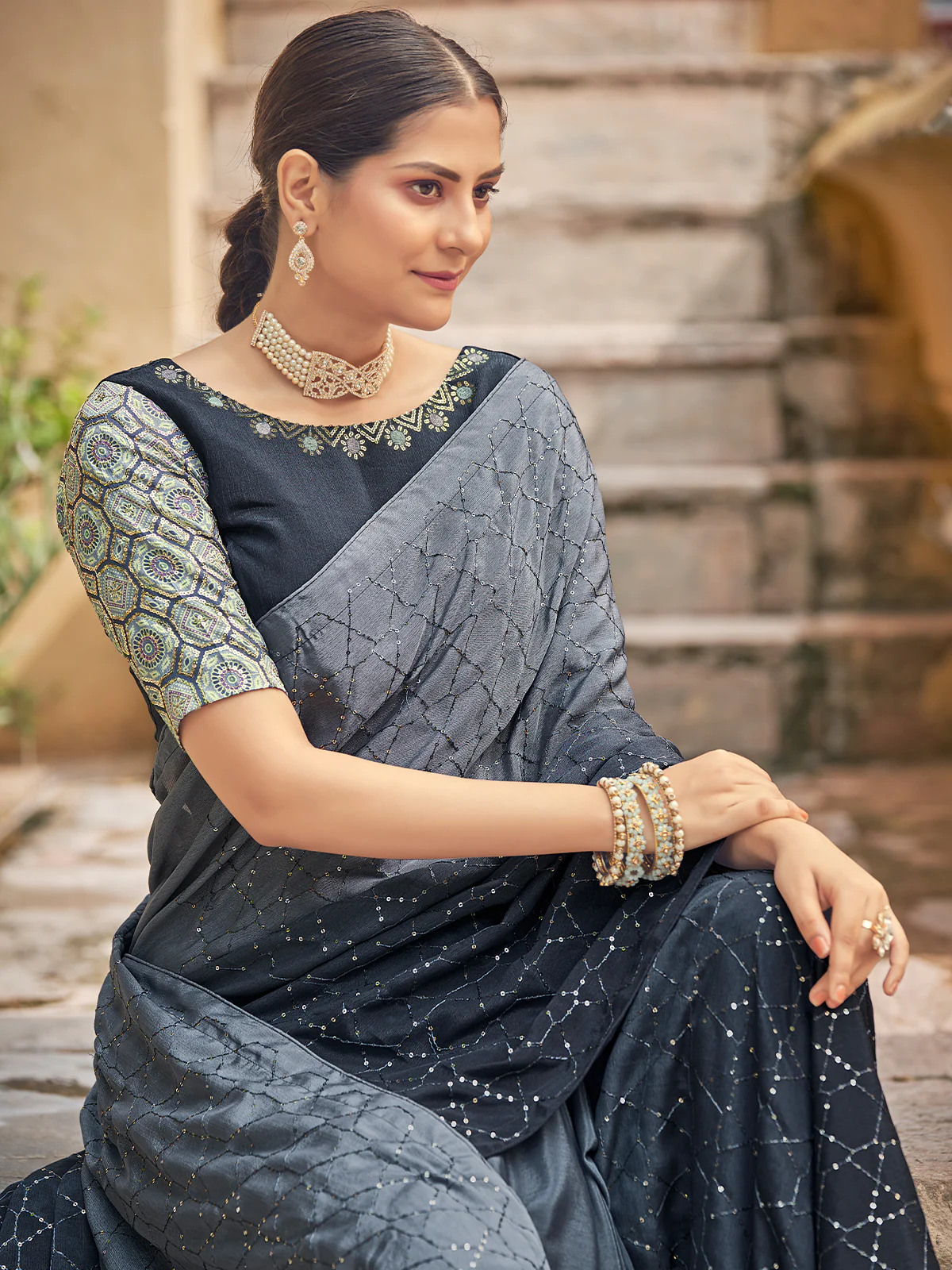 Odette Women Festive Designer Dark Blue Saree With Unstitched Blouse - Image 3