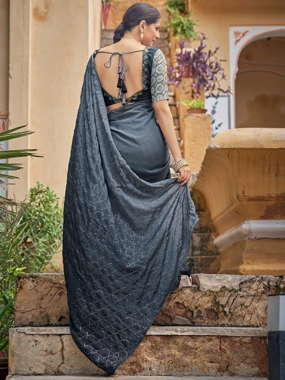 Odette Women Festive Designer Dark Blue Saree With Unstitched Blouse - Image 4