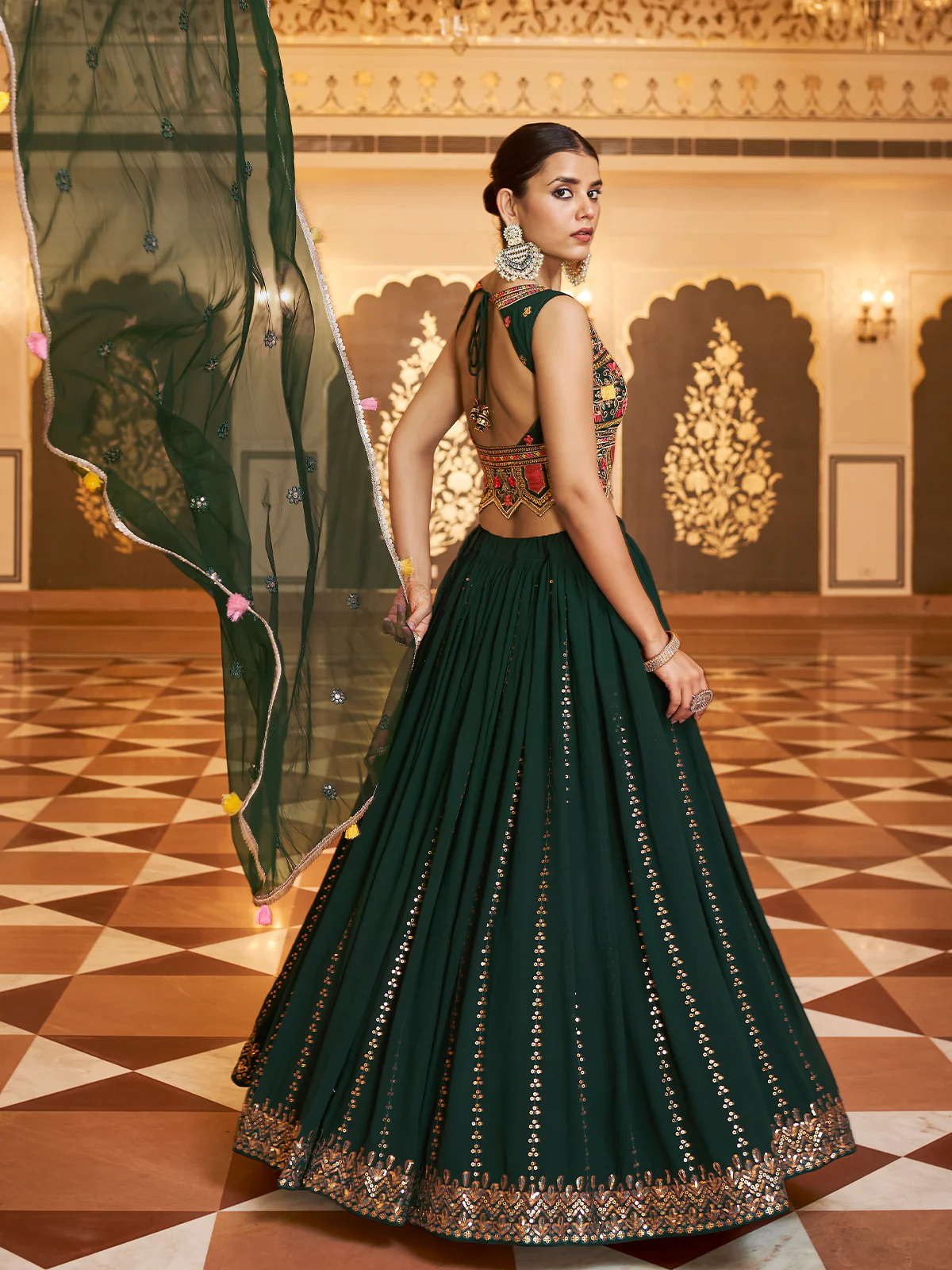 Odette Women Dark Green Semi Stitched Lehenga With  Unstitched Blouse - Image 2