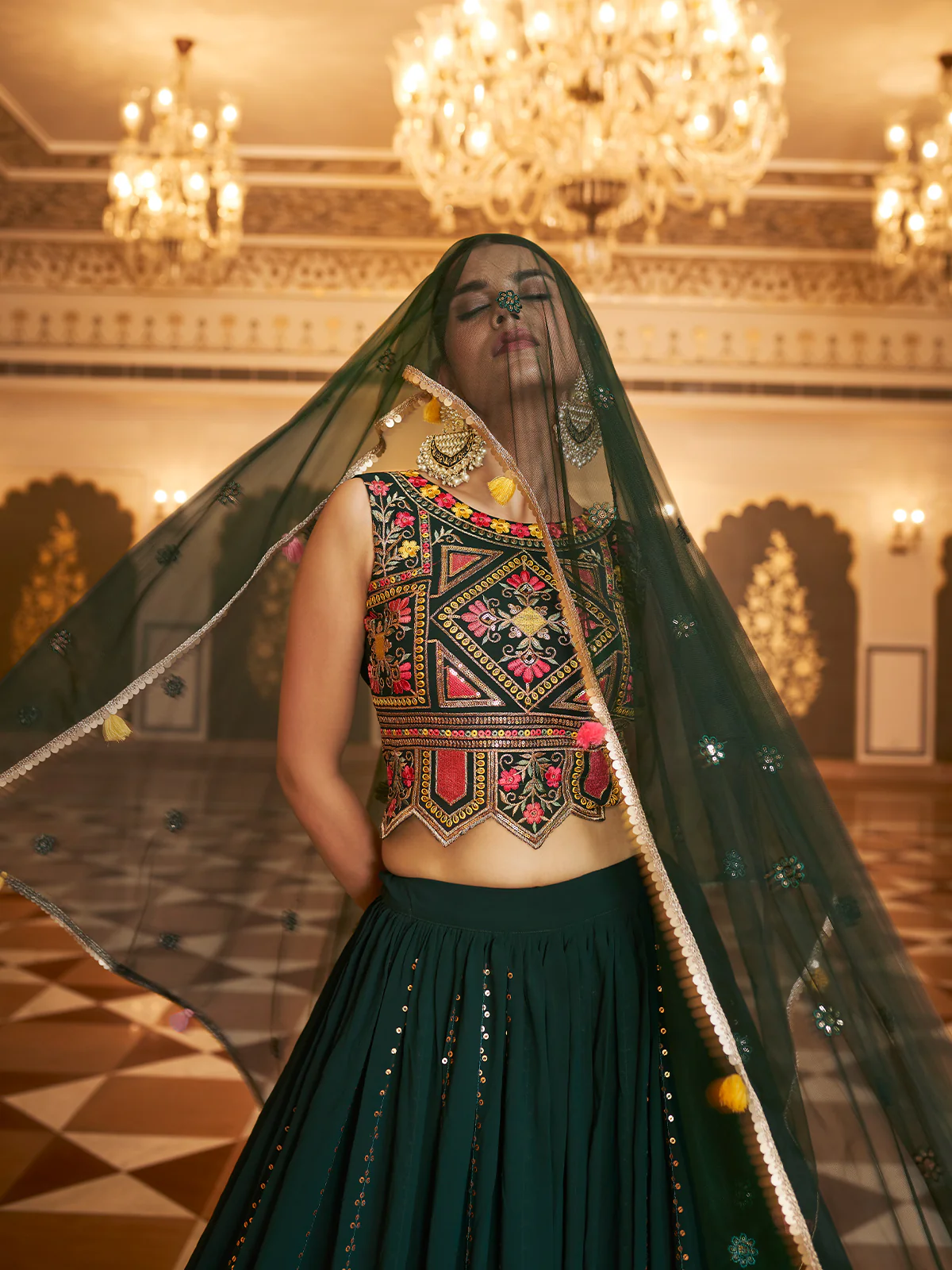 Odette Women Dark Green Semi Stitched Lehenga With  Unstitched Blouse - Image 4