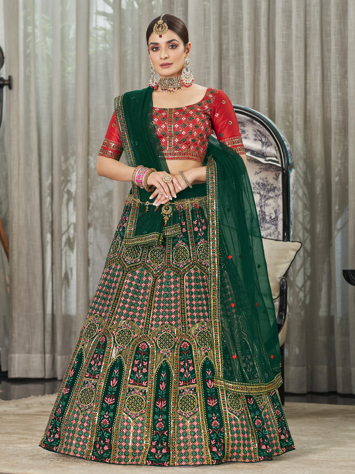 Odette Women Green Semi Stitched Lehenga With  Unstitched Blouse - Image 2