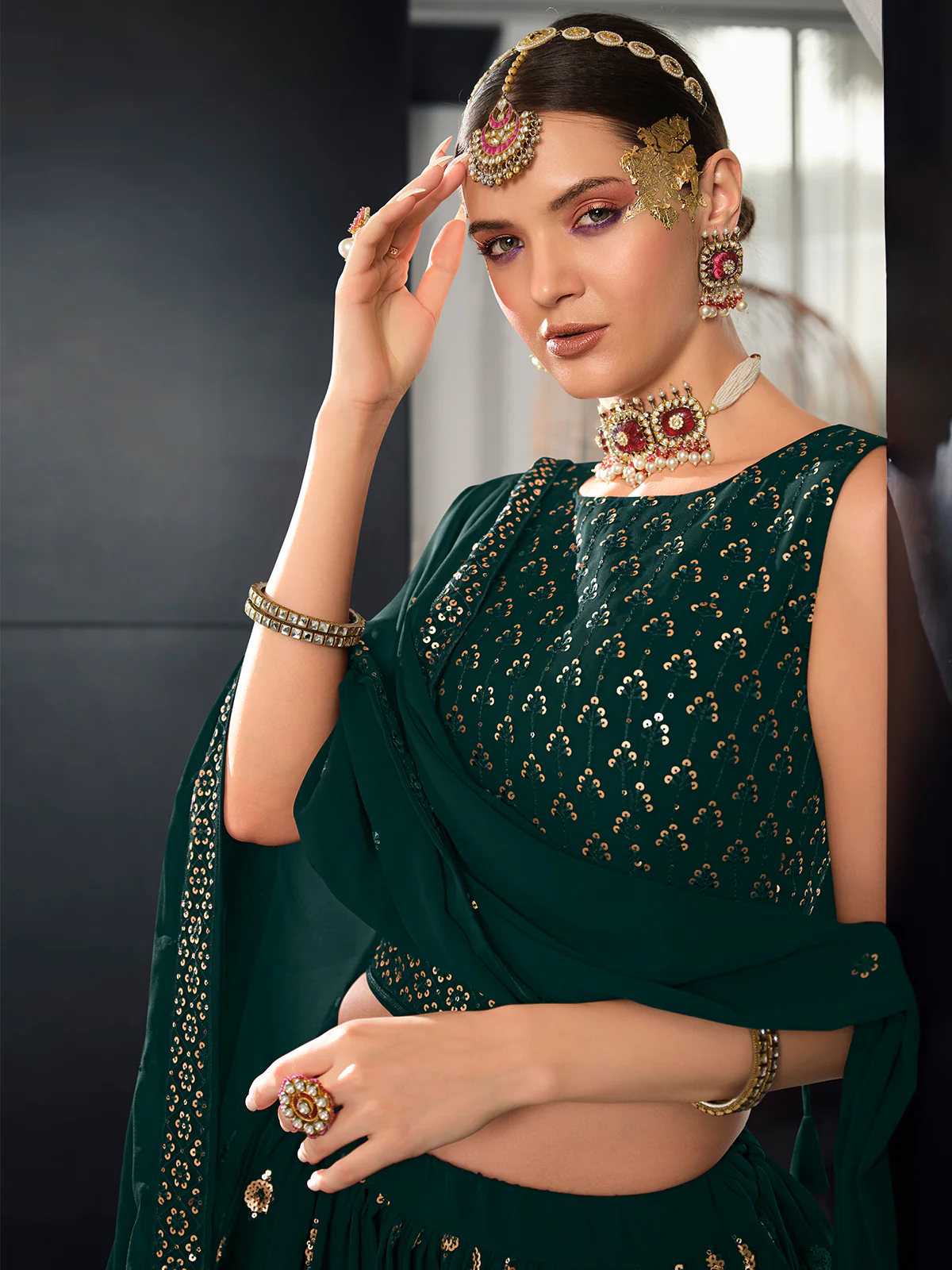 Odette Women Green Semi Stitched Lehenga With  Unstitched Blouse - Image 3