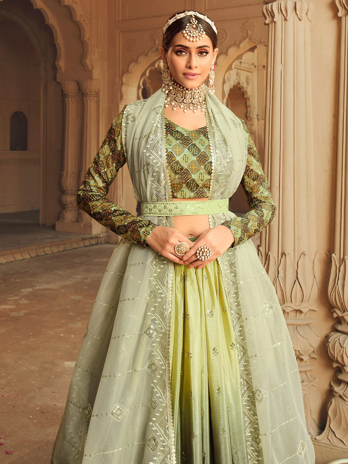 Odette Women Green Semi Stitched Lehenga With  Unstitched Blouse - Image 2