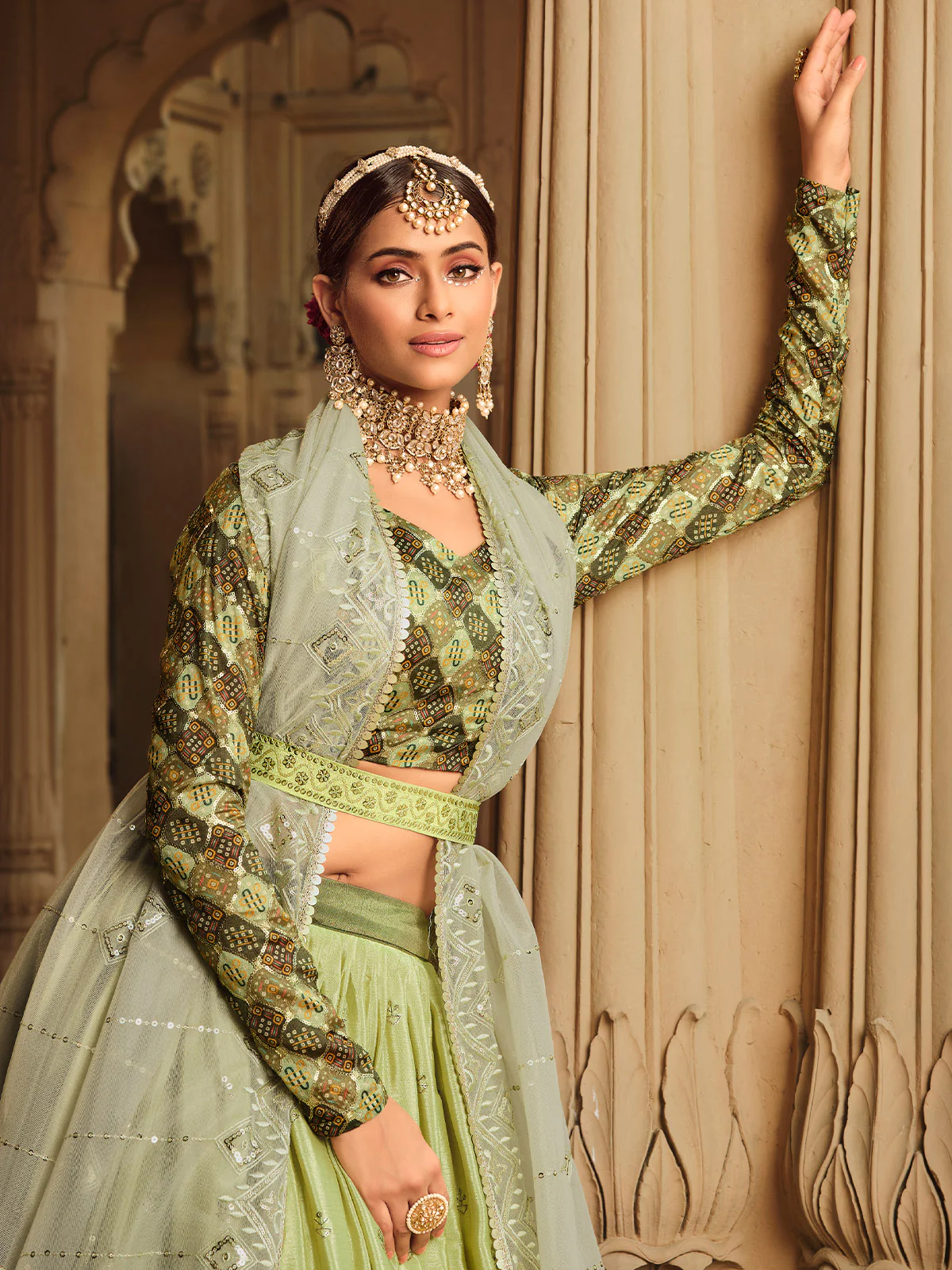 Odette Women Green Semi Stitched Lehenga With  Unstitched Blouse - Image 3