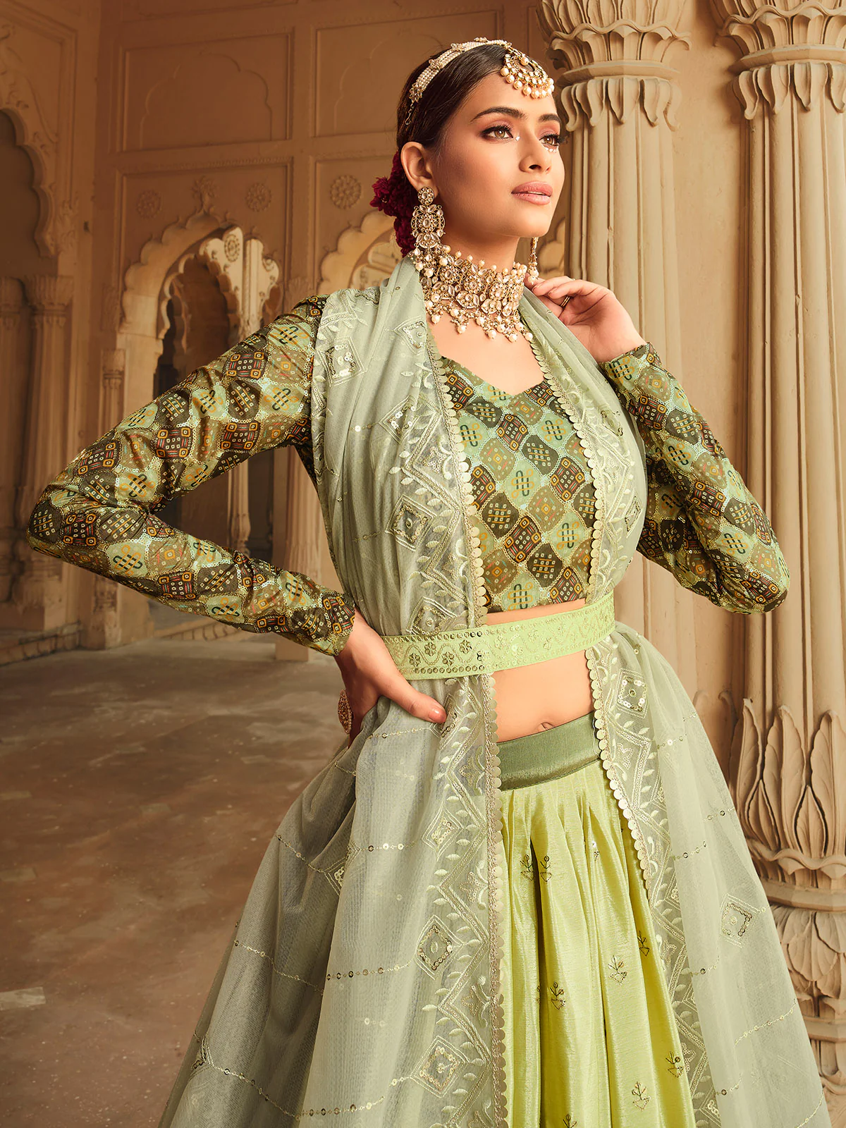 Odette Women Green Semi Stitched Lehenga With  Unstitched Blouse - Image 4