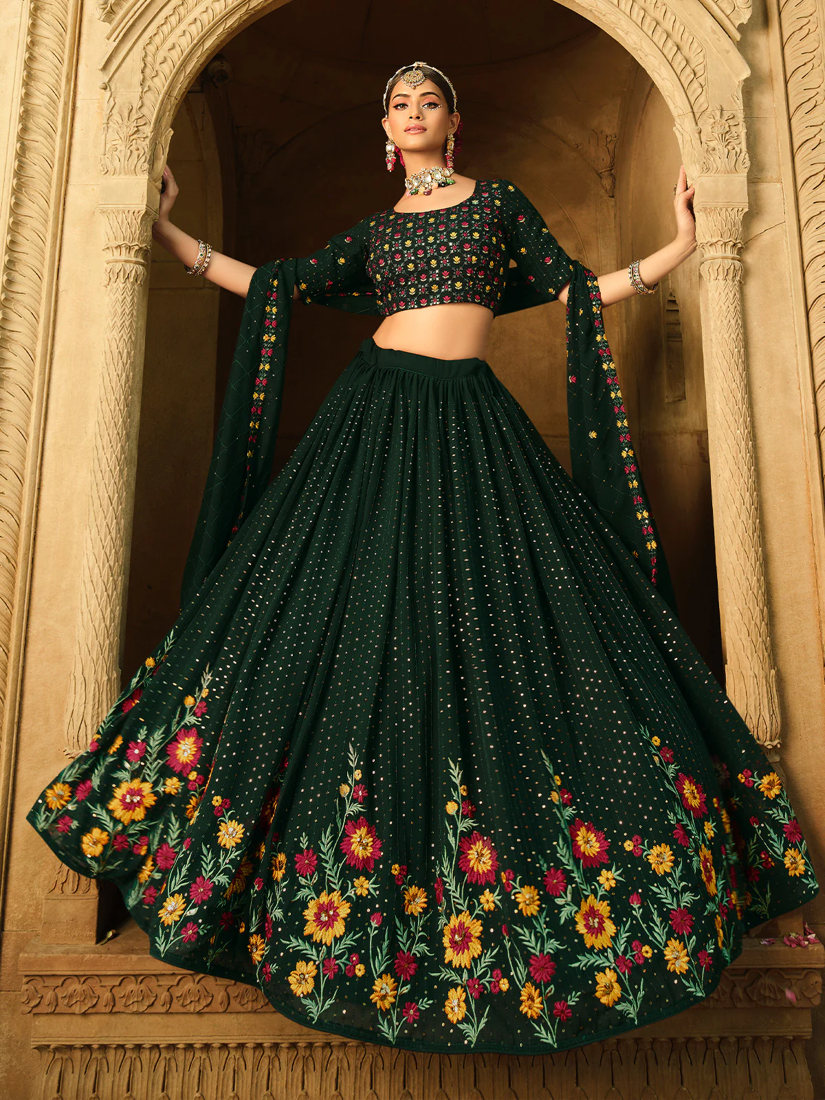 Odette Women Green Semi Stitched Lehenga With  Unstitched Blouse - Image 2