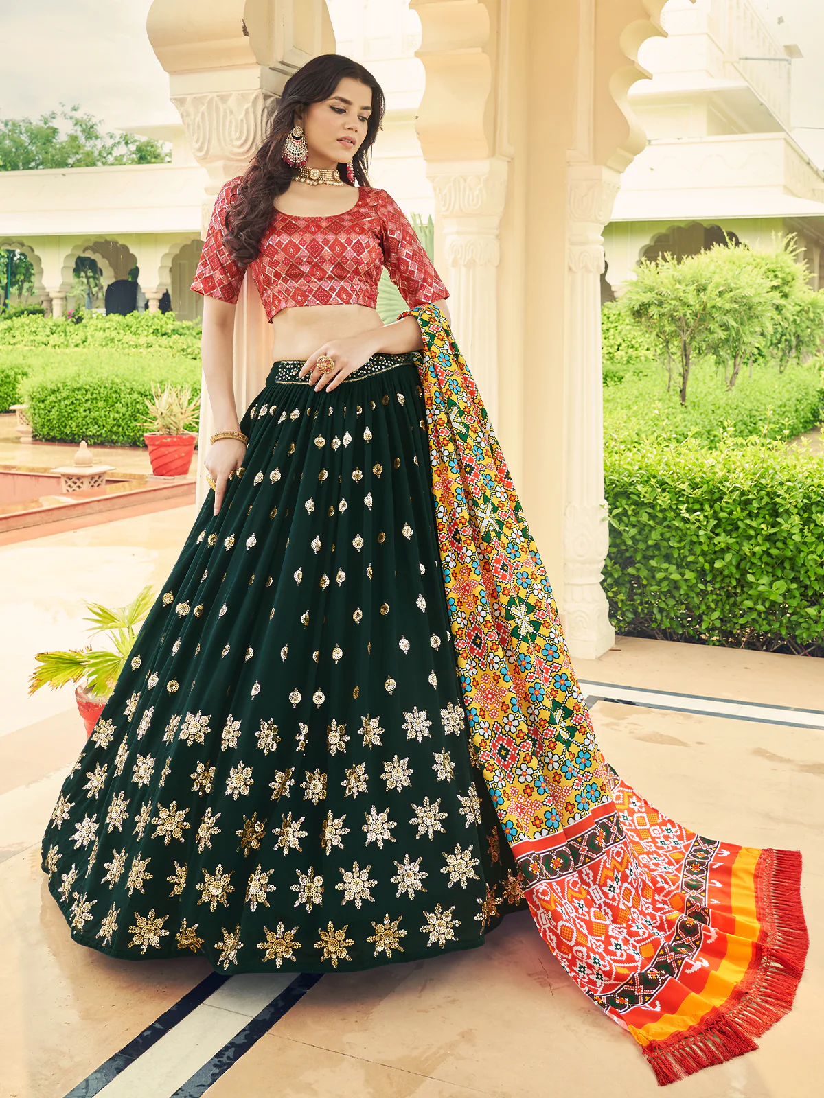 Odette Women Green Semi Stitched Lehenga With  Unstitched Blouse - Image 2