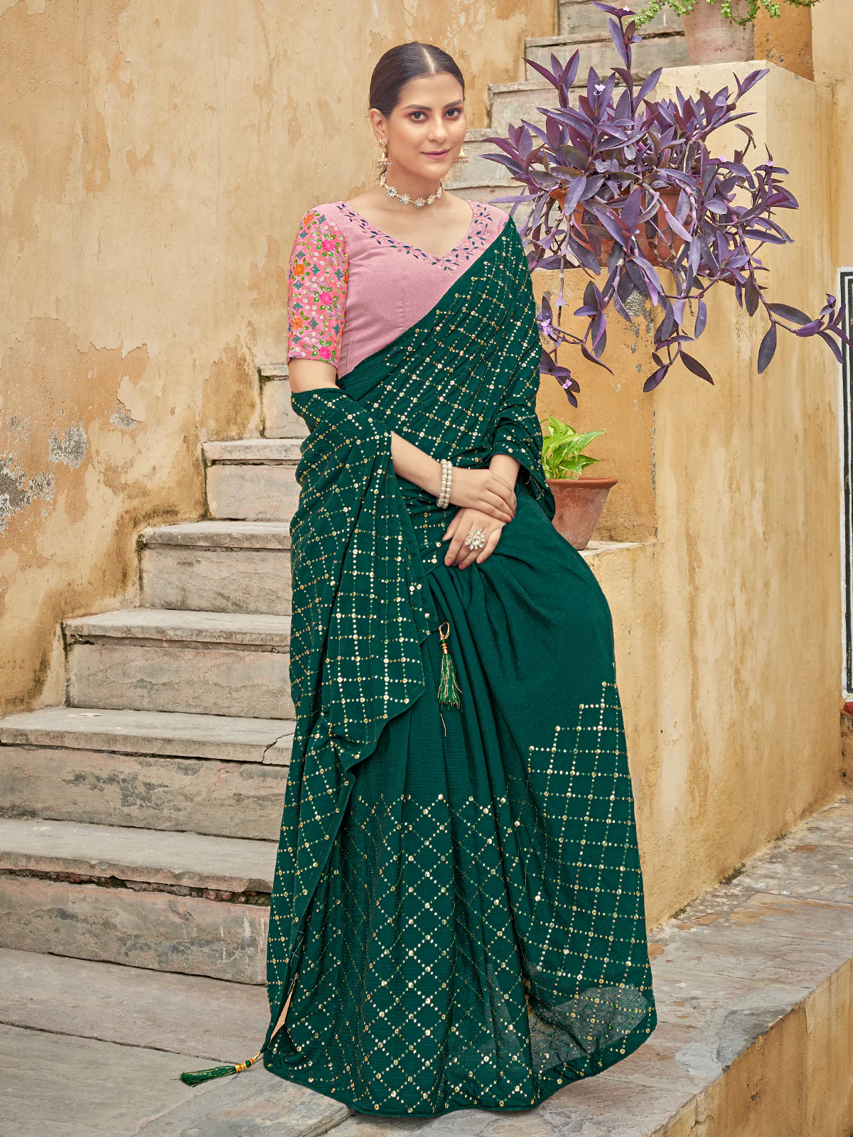 Odette Women Festive Designer Green Saree With Unstitched Blouse - Image 2