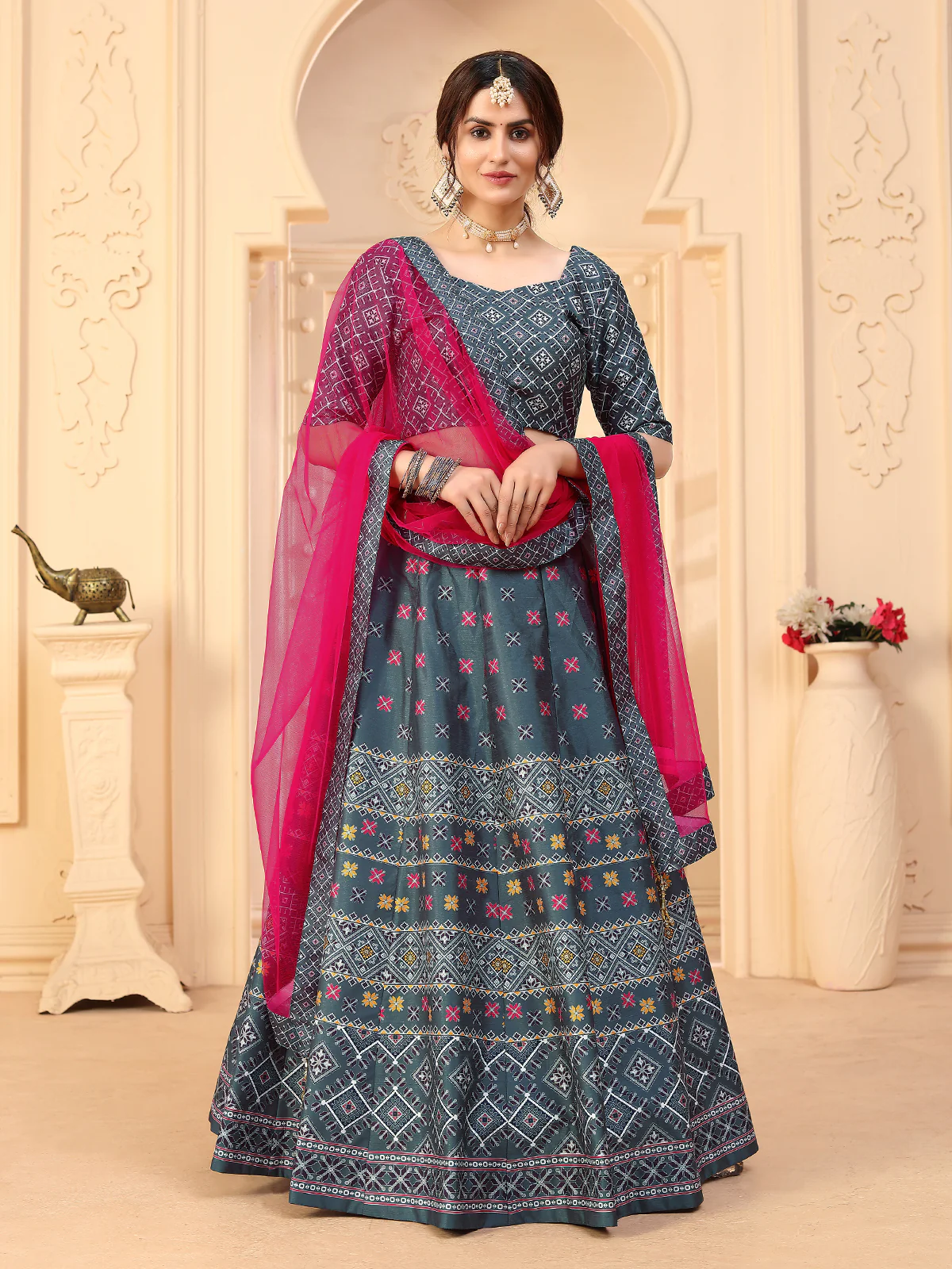 Odette Women Grey Semi Stitched Lehenga With  Unstitched Blouse - Image 2
