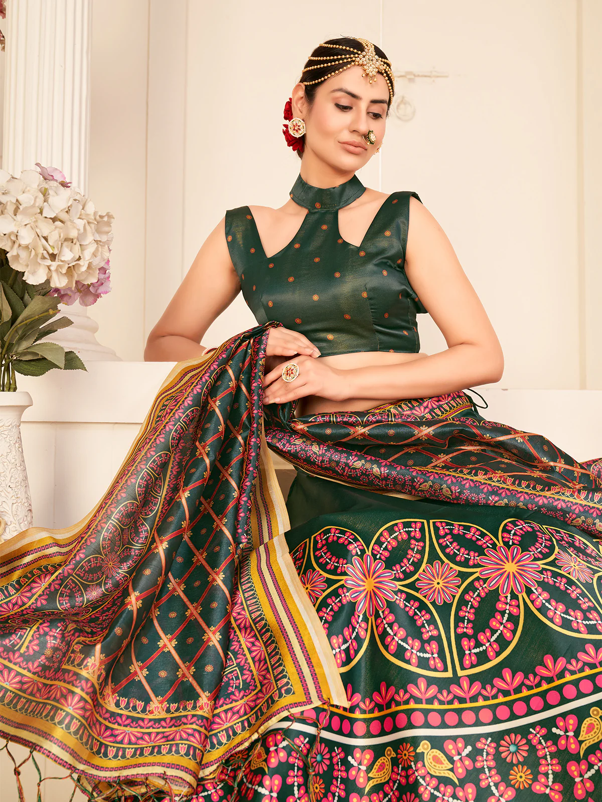 Odette Women Dark Green Semi Stitched Lehenga With  Unstitched Blouse - Image 2