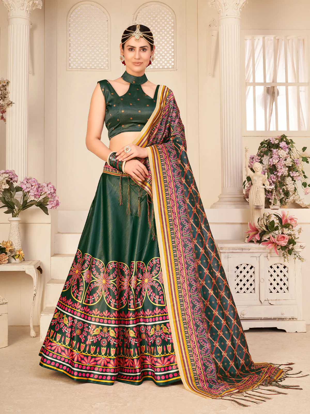 Odette Women Dark Green Semi Stitched Lehenga With  Unstitched Blouse - Image 3