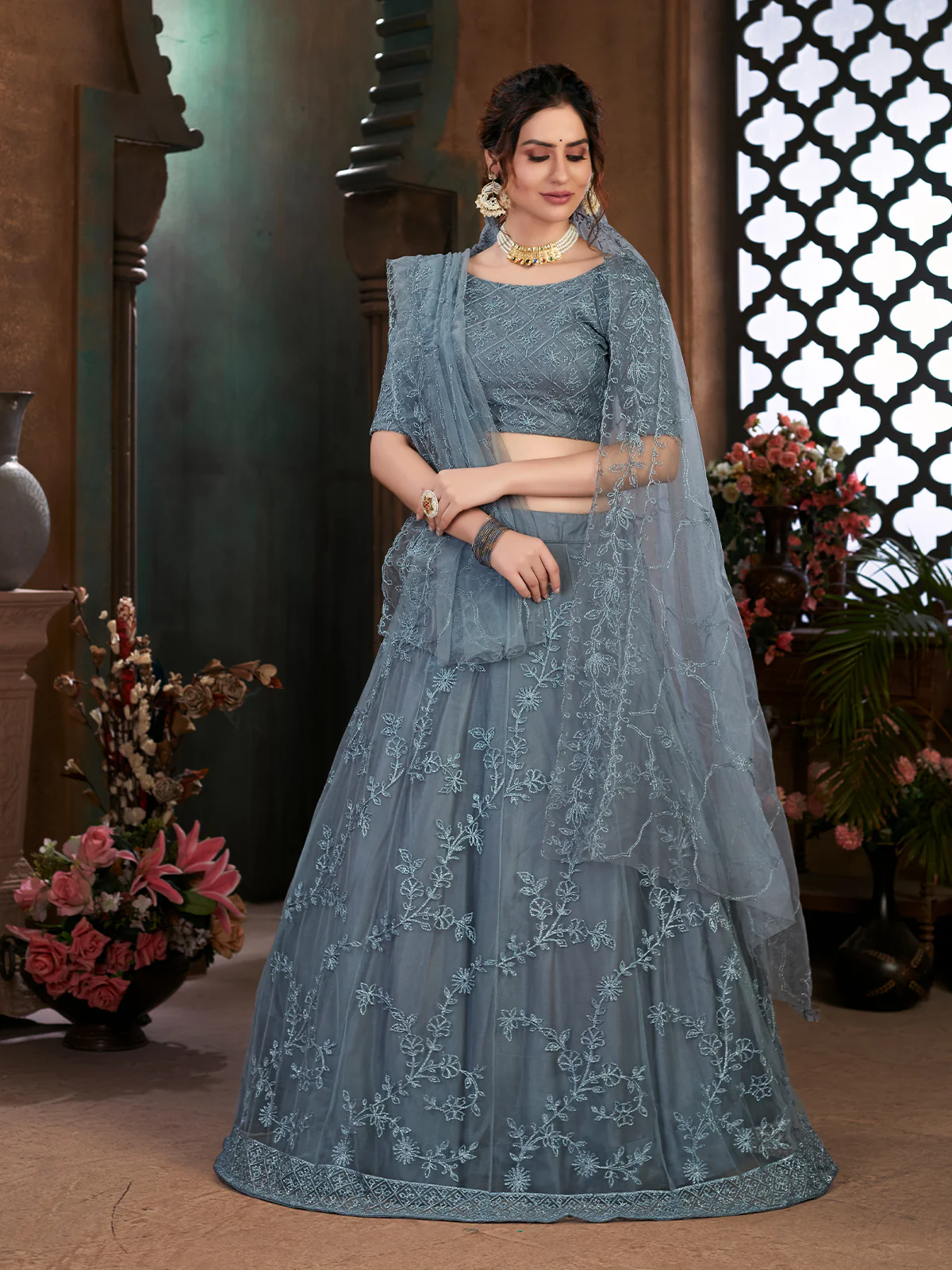 Odette Women Grey Semi Stitched Lehenga With  Unstitched Blouse - Image 3