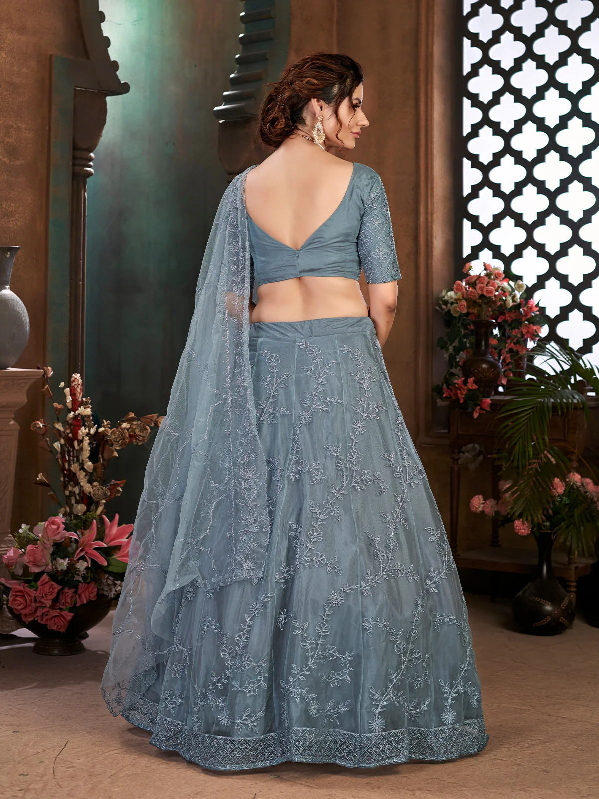Odette Women Grey Semi Stitched Lehenga With  Unstitched Blouse - Image 4