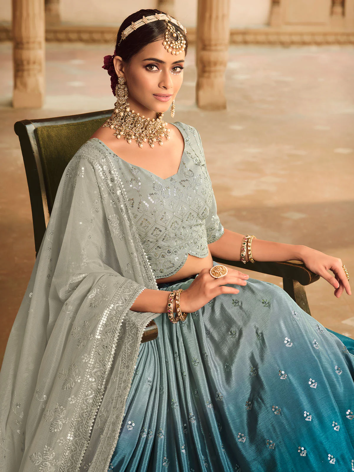 Odette Women Grey Semi Stitched Lehenga With  Unstitched Blouse - Image 3
