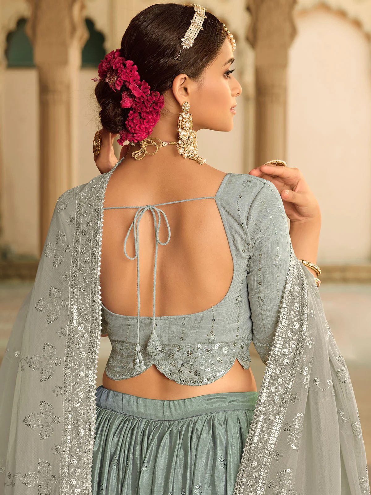 Odette Women Grey Semi Stitched Lehenga With  Unstitched Blouse - Image 4