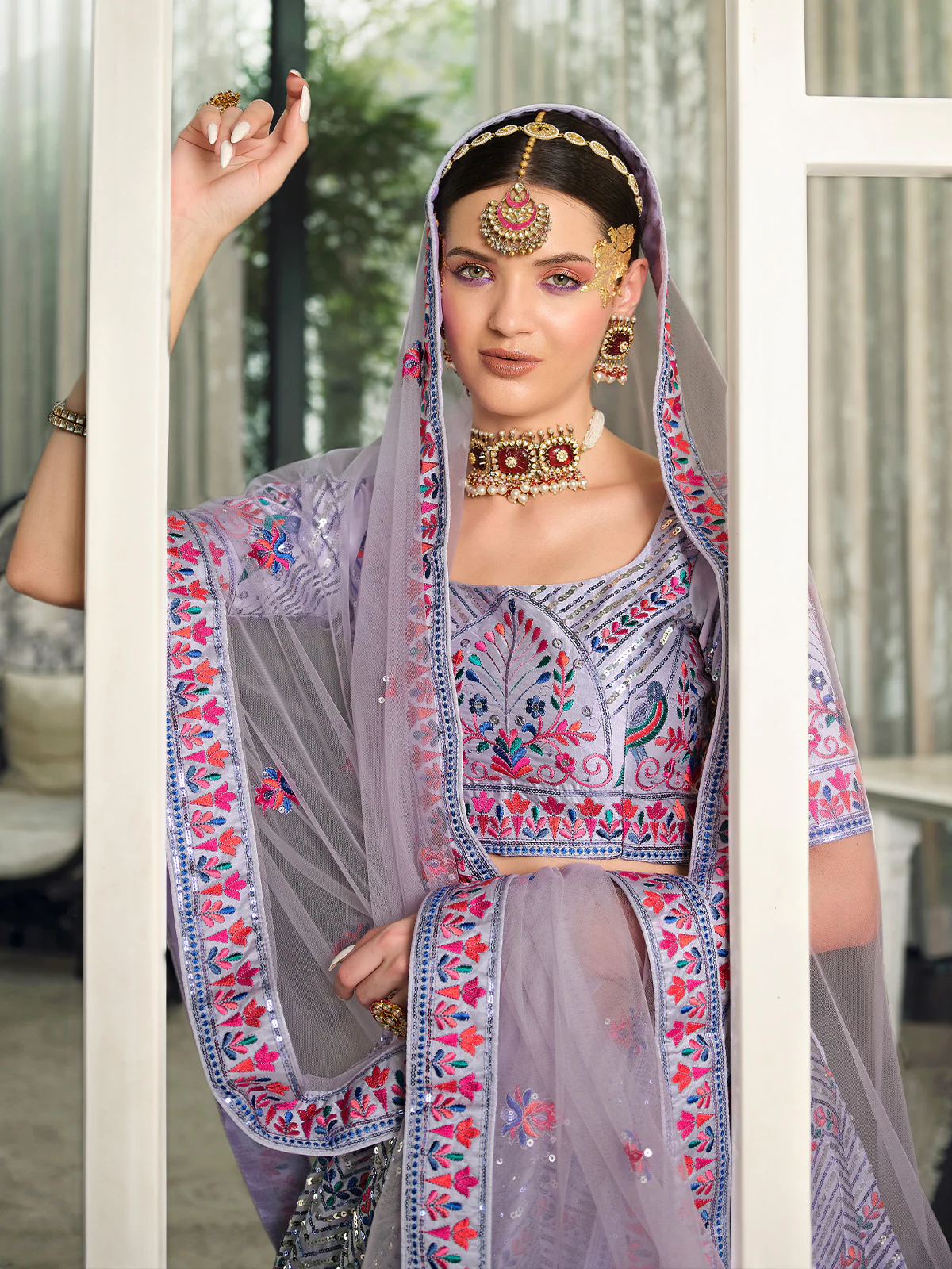 Odette Women Lavender Semi Stitched Lehenga With  Unstitched Blouse - Image 3