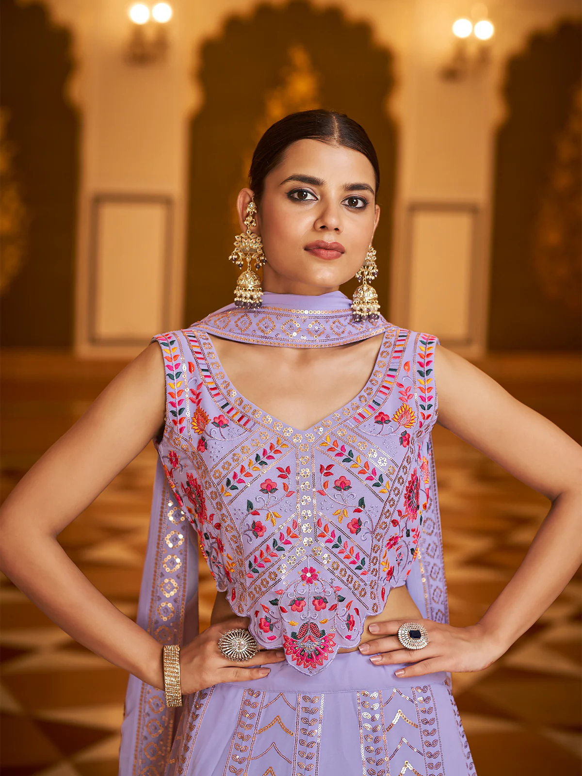 Odette Women Lavender Semi Stitched Lehenga With  Unstitched Blouse - Image 4