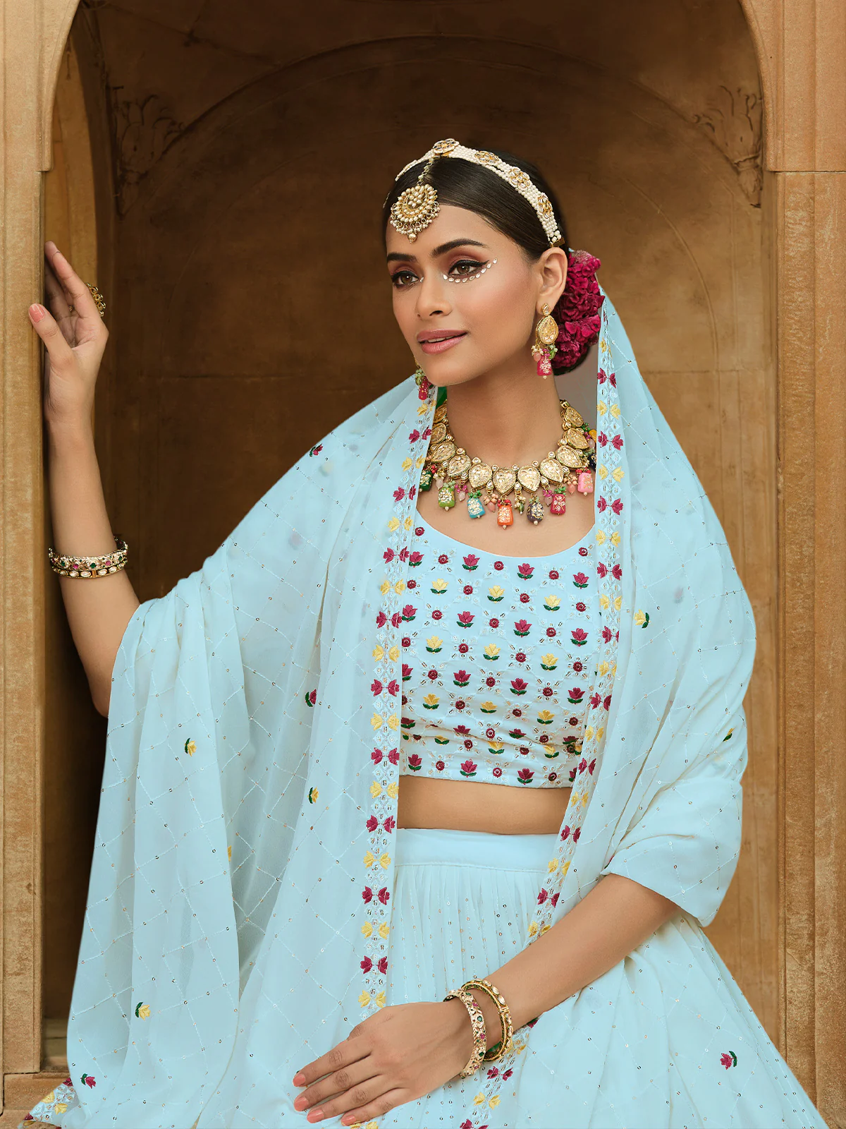 Odette Women Light Blue Semi Stitched Lehenga With  Unstitched Blouse - Image 3