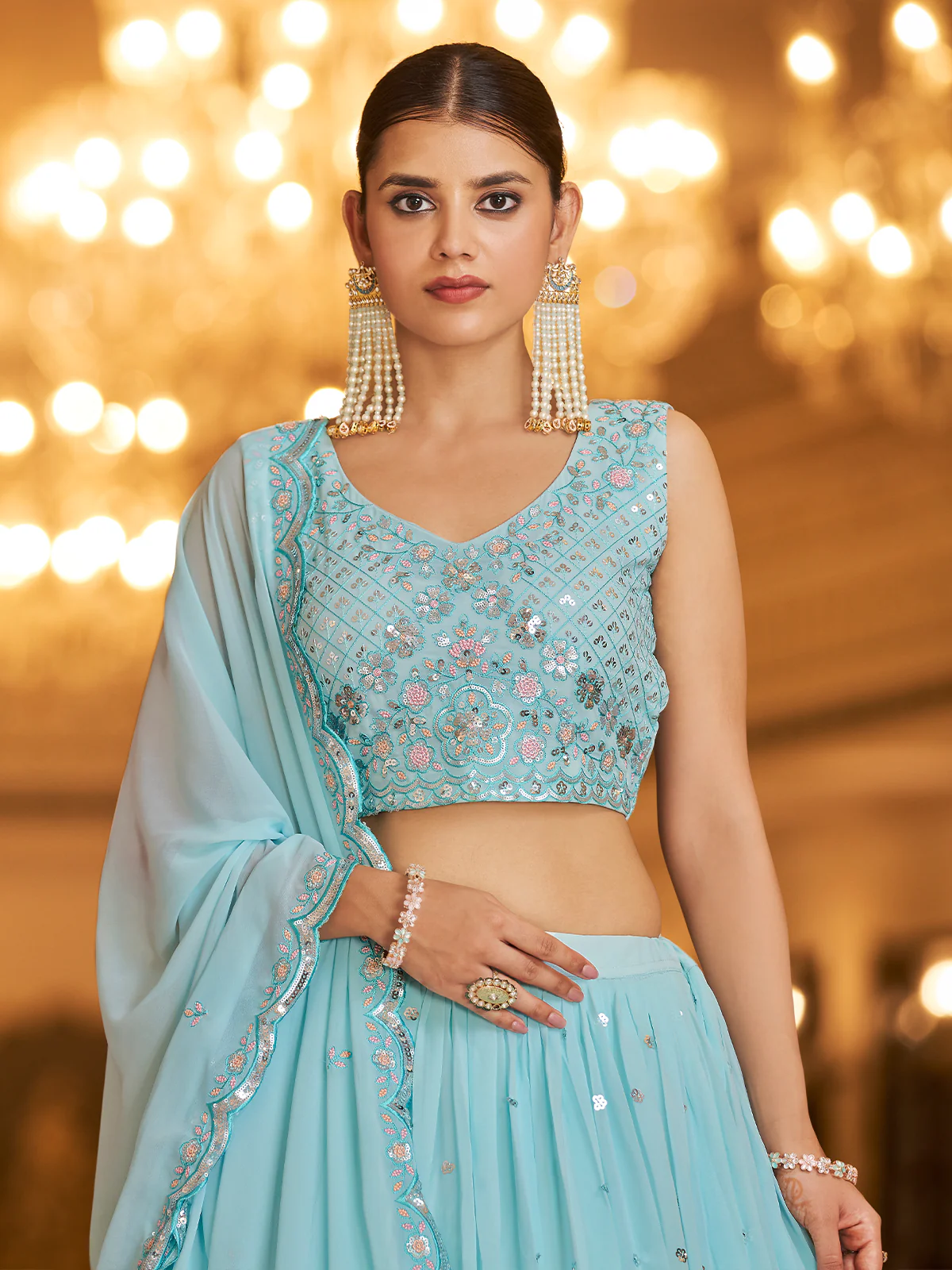 Odette Women Light Blue Semi Stitched Lehenga With  Unstitched Blouse - Image 2