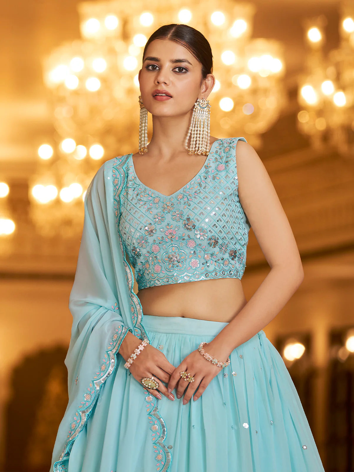 Odette Women Light Blue Semi Stitched Lehenga With  Unstitched Blouse - Image 3